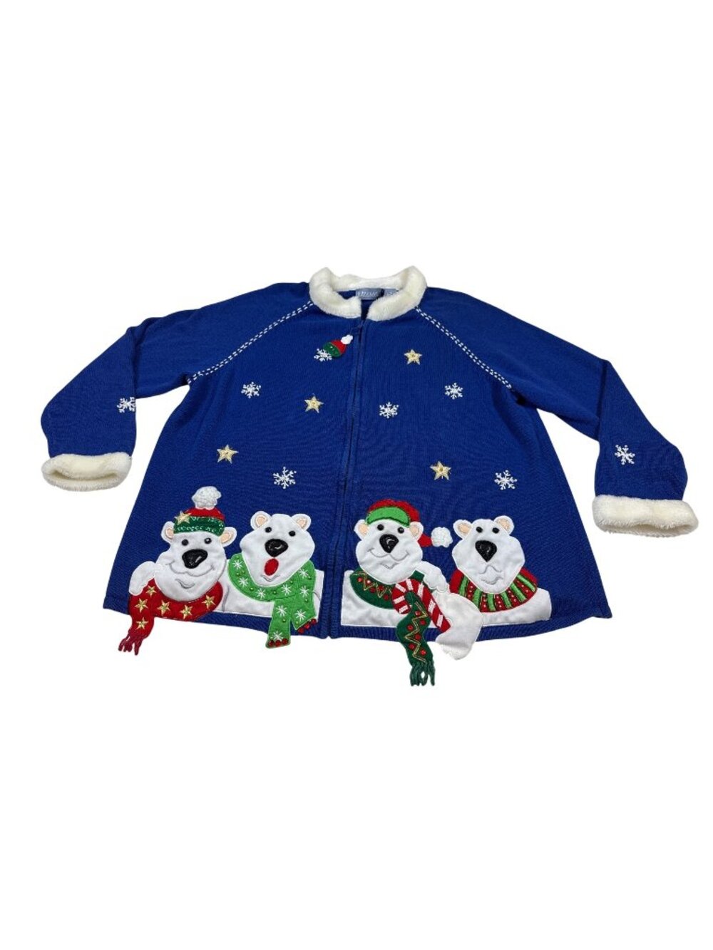 Liz & Me Vintage 2X Blue Christmas Cardigan Polar Bear Applique Snowflake (M773)
